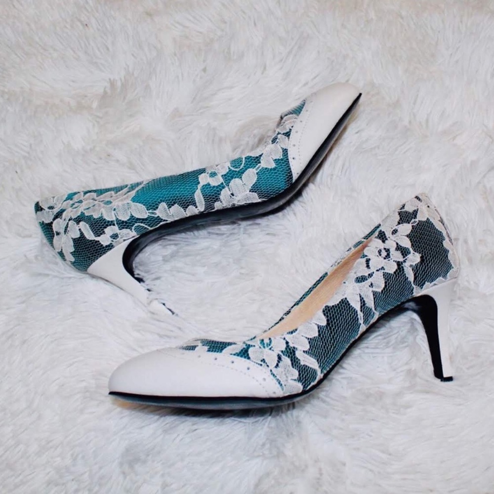 Vintage Lace Teal Heels - Shoes of Prey Pumps